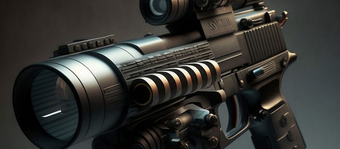 A handgun that has been excessively customized with a plethora of add ons.